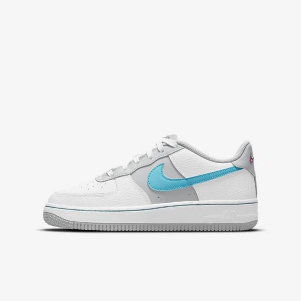 Kids\' Nike Air Force 1 EMB Older Sneakers White / Grey / Turquoise Blue | NK634RAS