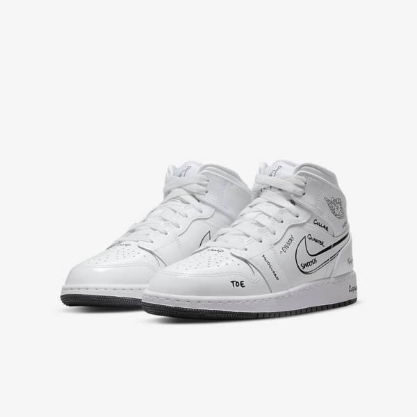 Kids' Nike Air Jordan 1 Mid Older Jordan Shoes White / Black | NK239MOG