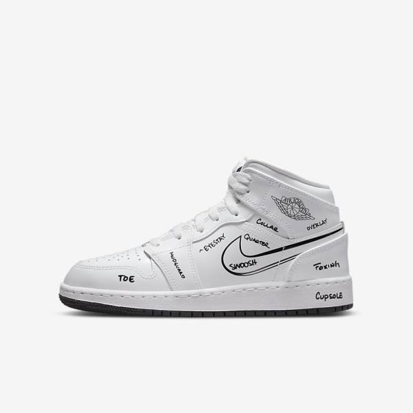 Kids\' Nike Air Jordan 1 Mid Older Jordan Shoes White / Black | NK239MOG