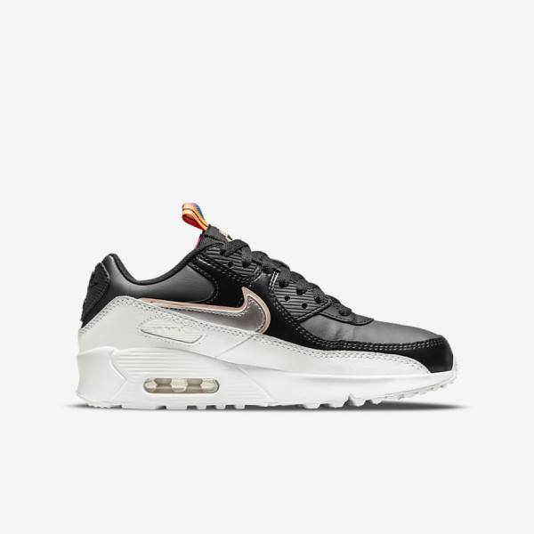 Kids' Nike Air Max 90 LTR SE Older Sneakers Black / White / Metal Blue Grey | NK861QBM