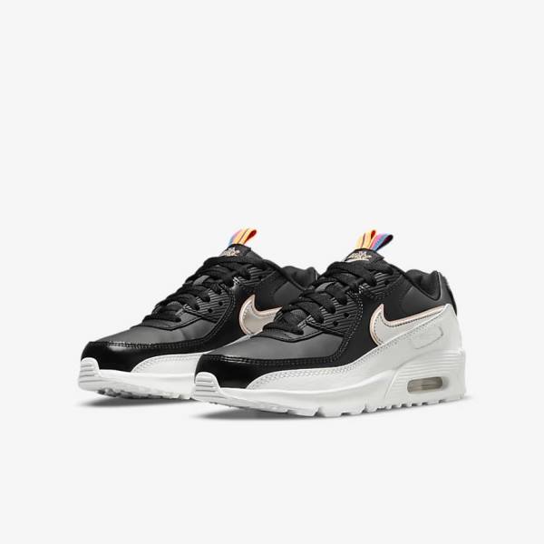 Kids' Nike Air Max 90 LTR SE Older Sneakers Black / White / Metal Blue Grey | NK861QBM