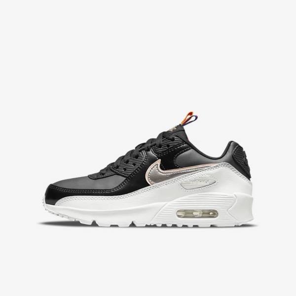 Kids\' Nike Air Max 90 LTR SE Older Sneakers Black / White / Metal Blue Grey | NK861QBM