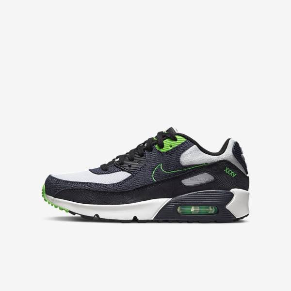 Kids\' Nike Air Max 90 LTR SE Older Sneakers Black / Green / White / Obsidian | NK978BIN