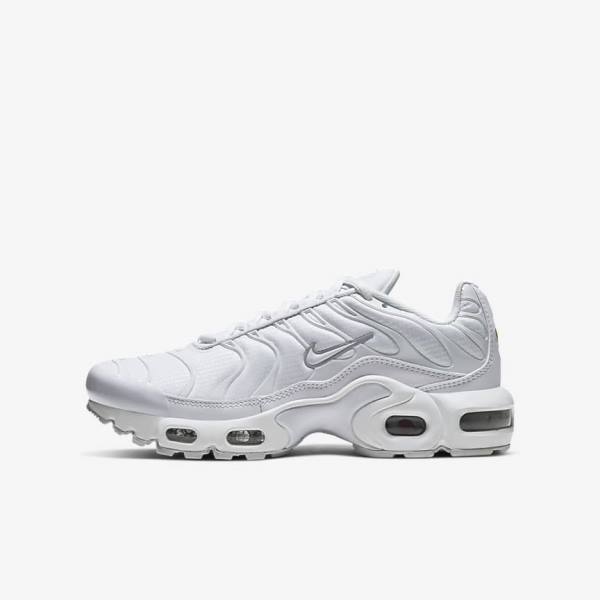 Kids\' Nike Air Max Plus Older Sneakers White / Metal Silver / White | NK713QGS