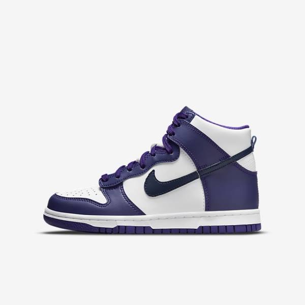 Kids\' Nike Dunk High Older Sneakers White / Purple / Navy | NK908CBQ