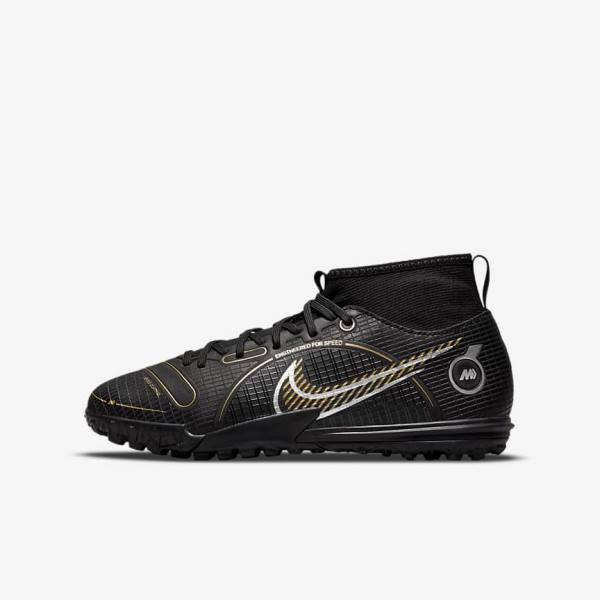 Kids\' Nike Jr. Mercurial Superfly 8 Academy TF Older Turf Football Shoes Black / Metal Silver / Grey / Metal Gold | NK253IYU