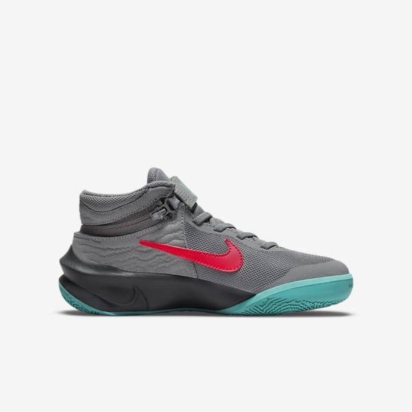 Kids' Nike Team Hustle D 10 FlyEase Older Basketball Shoes Grey / Dark Grey / Turquoise / Red | NK206YJU