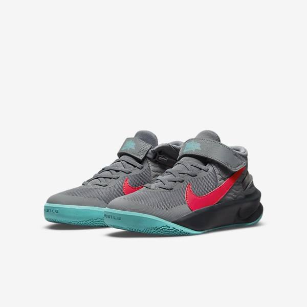 Kids' Nike Team Hustle D 10 FlyEase Older Basketball Shoes Grey / Dark Grey / Turquoise / Red | NK206YJU