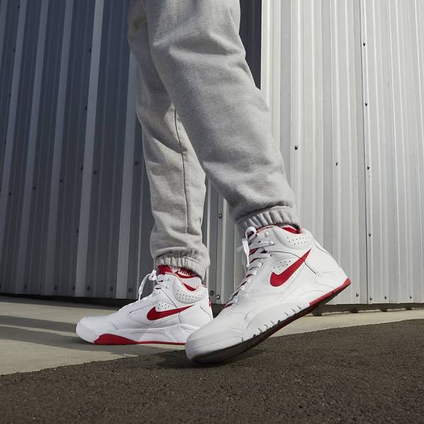 Men's Nike Air Flight Lite Mid Sneakers White / Red | NK792OUL