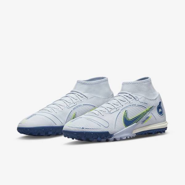 Men's Nike Mercurial Superfly 8 Academy TF Turf Football Shoes Grey / Light Blue / Dark Blue | NK738PDQ