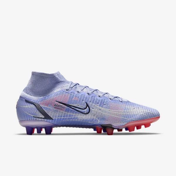 Men's Nike Mercurial Superfly 8 Elite KM AG Artificial-Grass Football Shoes Indigo / Light Red / Metal Silver | NK681YUE