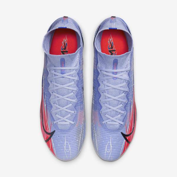 Men's Nike Mercurial Superfly 8 Elite KM AG Artificial-Grass Football Shoes Indigo / Light Red / Metal Silver | NK681YUE