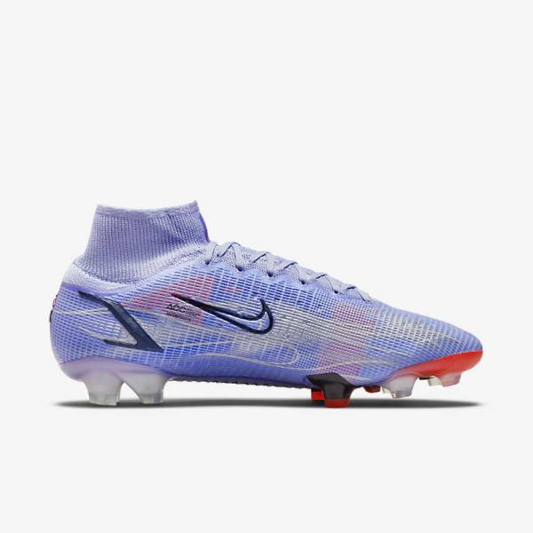 Men's Nike Mercurial Superfly 8 Elite KM FG Firm-Ground Football Shoes Indigo / Light Red / Metal Silver | NK782TQP