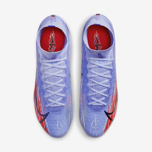 Men's Nike Mercurial Superfly 8 Elite KM FG Firm-Ground Football Shoes Indigo / Light Red / Metal Silver | NK782TQP