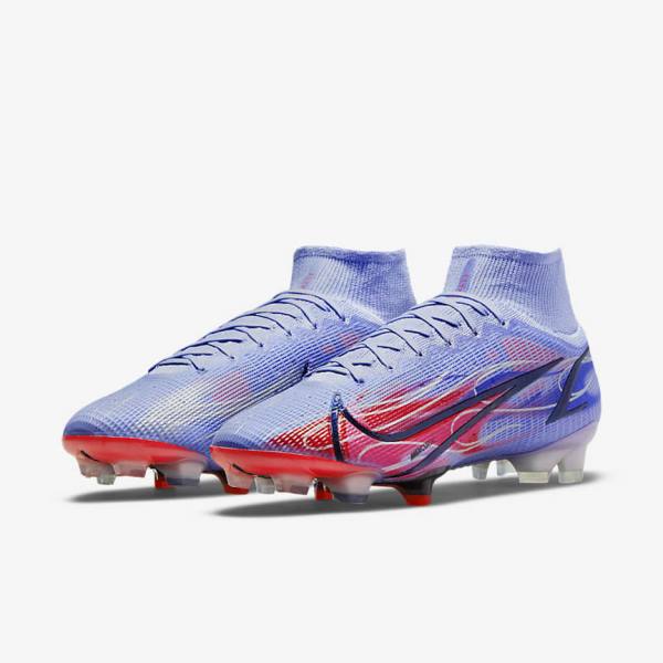 Men's Nike Mercurial Superfly 8 Elite KM FG Firm-Ground Football Shoes Indigo / Light Red / Metal Silver | NK782TQP