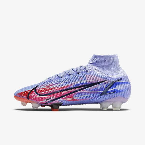 Men\'s Nike Mercurial Superfly 8 Elite KM FG Firm-Ground Football Shoes Indigo / Light Red / Metal Silver | NK782TQP