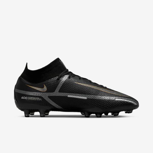 Men's Nike Phantom GT2 Dynamic Fit Elite AG-Pro Artificial-Grass Football Shoes Black / Metal Gold / Metal Silver / Metal Dark Grey | NK250RIH