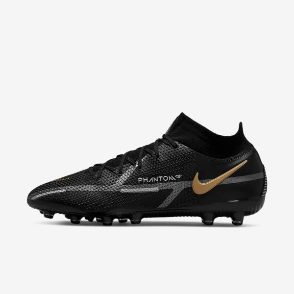 Men\'s Nike Phantom GT2 Dynamic Fit Elite AG-Pro Artificial-Grass Football Shoes Black / Metal Gold / Metal Silver / Metal Dark Grey | NK250RIH