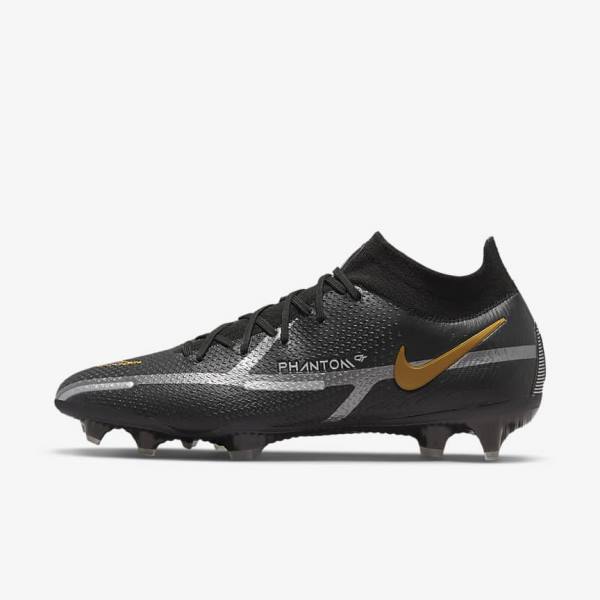 Men\'s Nike Phantom GT2 Dynamic Fit Elite FG Firm-Ground Football Shoes Black / Metal Gold / Metal Silver / Metal Dark Grey | NK872HDP