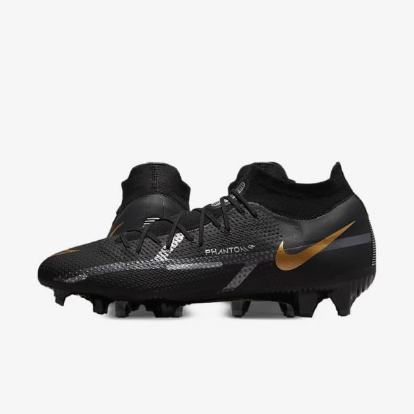 Men's Nike Phantom GT2 Pro Dynamic Fit FG Firm-Ground Football Shoes Black / Metal Gold / Metal Silver / Metal Dark Grey | NK524HZF