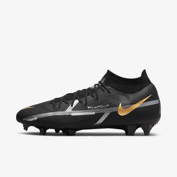 Men\'s Nike Phantom GT2 Pro Dynamic Fit FG Firm-Ground Football Shoes Black / Metal Gold / Metal Silver / Metal Dark Grey | NK524HZF