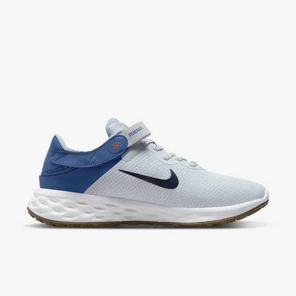 Men's Nike Revolution 6 FlyEase Next Nature Easy-On-And-Off Road (Extra Wide) Running Shoes Platinum / Dark Blue / Blue | NK179HSP