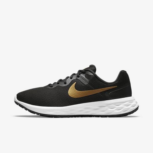 Men\'s Nike Revolution 6 Next Nature Road Running Shoes Black / White / Metal Gold | NK936THK