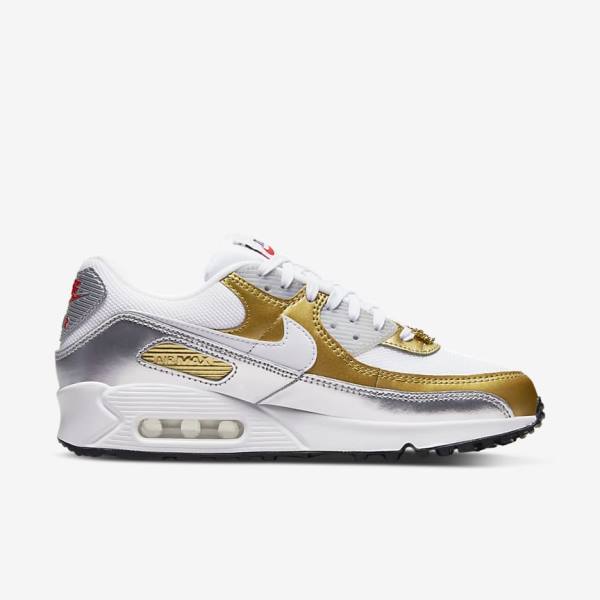 Women's Nike Air Max 90 SE Sneakers White / Metal Gold / Metal Silver / White | NK382NXO