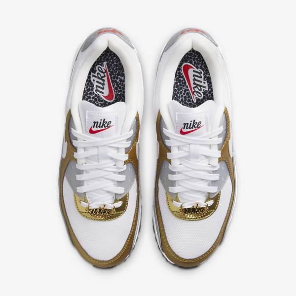 Women's Nike Air Max 90 SE Sneakers White / Metal Gold / Metal Silver / White | NK382NXO