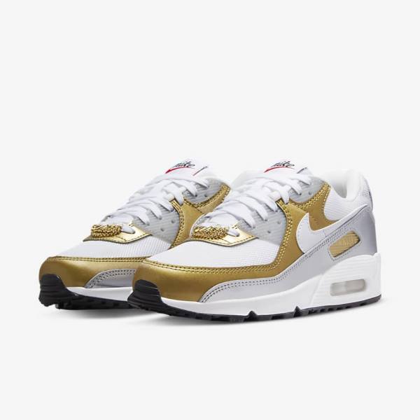 Women's Nike Air Max 90 SE Sneakers White / Metal Gold / Metal Silver / White | NK382NXO