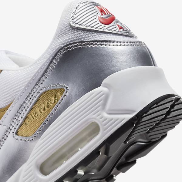 Women's Nike Air Max 90 SE Sneakers White / Metal Gold / Metal Silver / White | NK382NXO