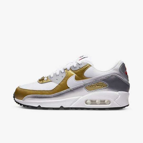 Women\'s Nike Air Max 90 SE Sneakers White / Metal Gold / Metal Silver / White | NK382NXO