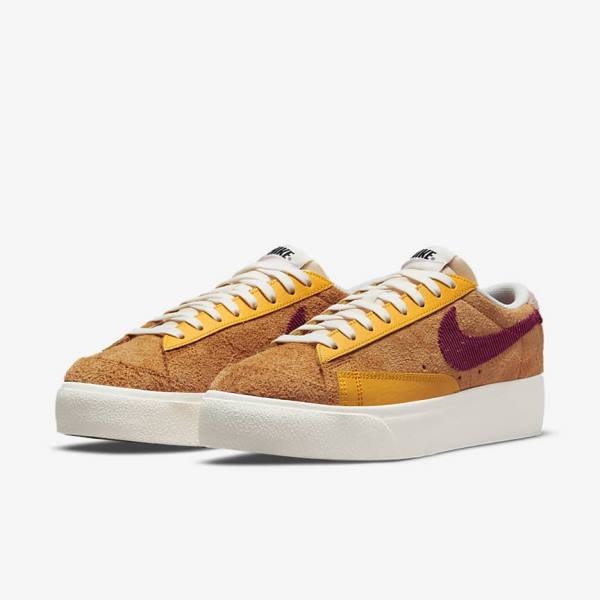 Women's Nike Blazer Low Platform Sneakers Gold / Pink / Burgundy | NK723KRI