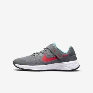 Kids' Nike Revolution 6 FlyEase Older Easy On-Off Road Running Shoes Grey / Turquoise / Red | NK086GBE