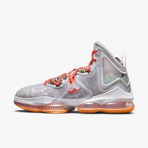 Men's Nike LeBron 19 Basketball Shoes Grey / Orange / Light Red / Green | NK670QJW