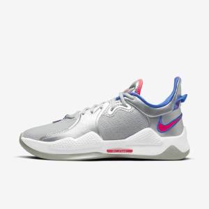 Men's Nike PG 5 Basketball Shoes Metal Silver / Royal / Red | NK193UYD